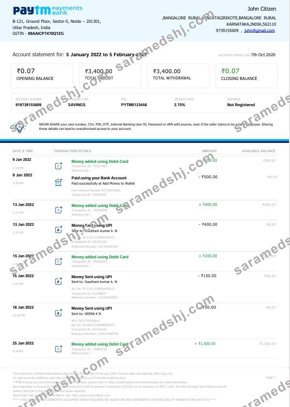 India Paytm Payments bank statement Word and PDF template, 2 pages, version 2